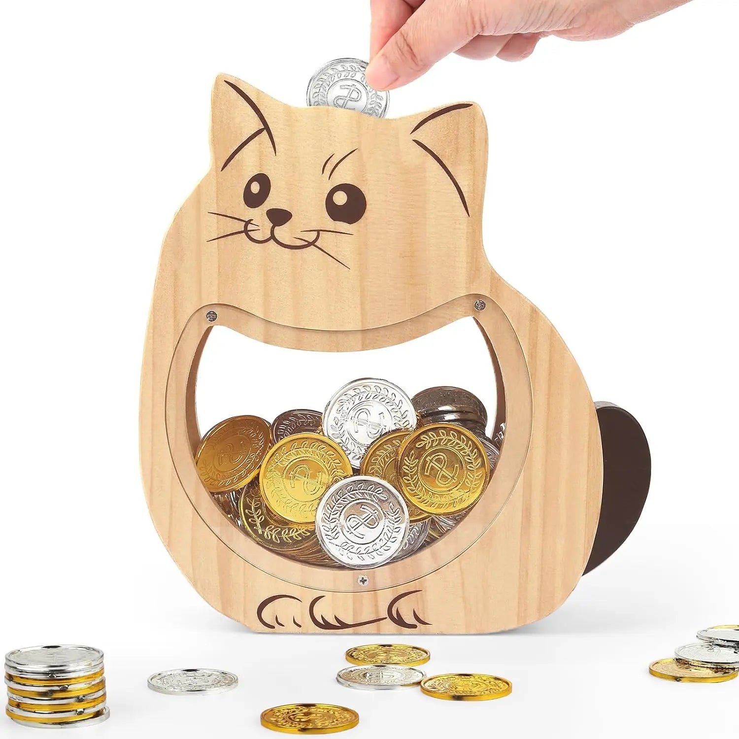 Wooden Piggy Bank Creative Cartoon Coin Storage Box for Children Cute Coin Storage Box Transparent Solid Wood Piggy Bank