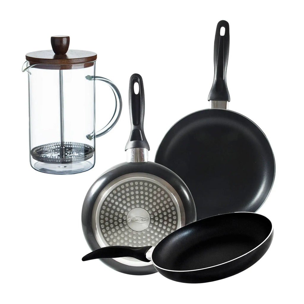 Set of 3 San Ignacio frying pans (16 20 24cm) pressed aluminum suitable for induction + Borosilicate glass plunger coffee