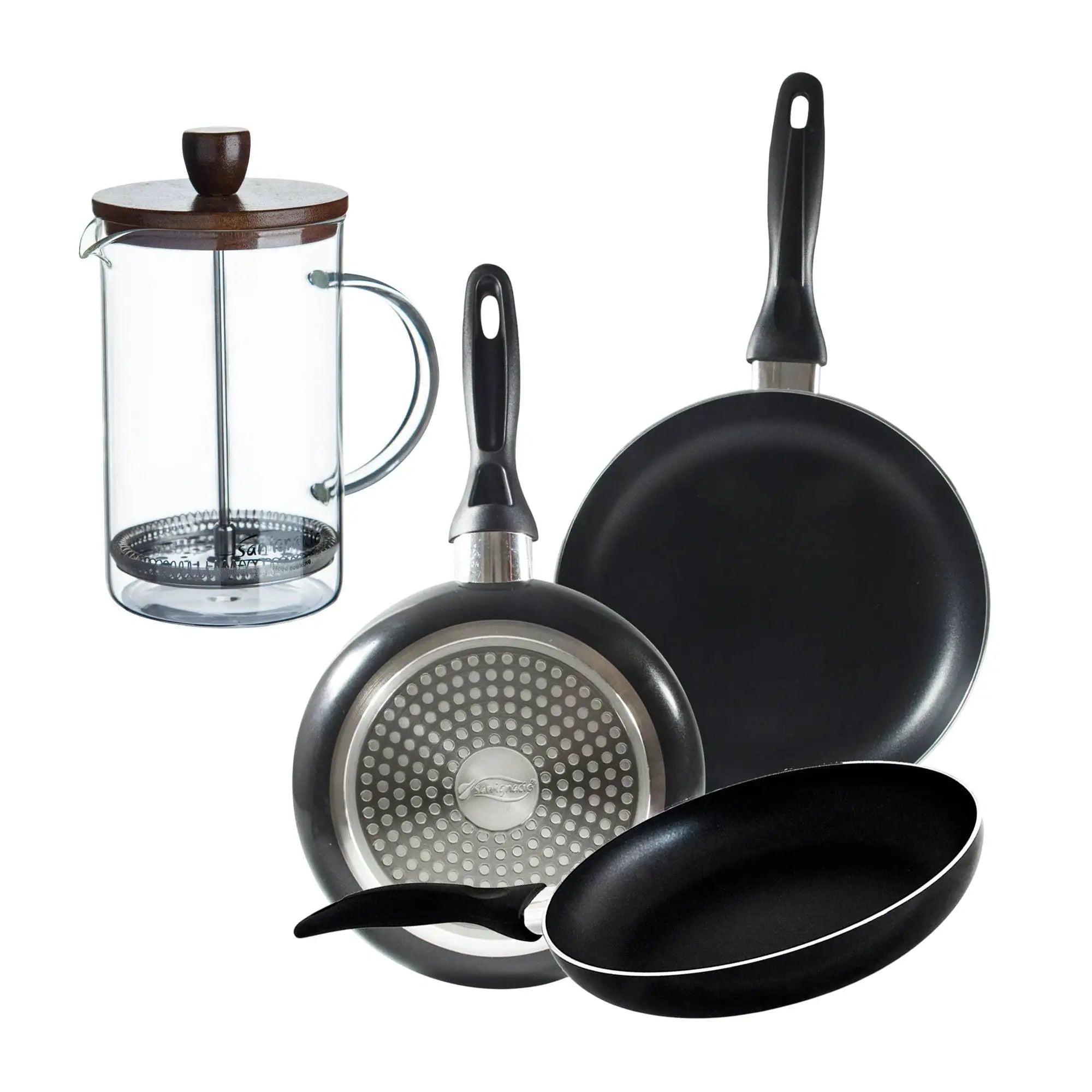 Set of 3 San Ignacio frying pans (16 20 24cm) pressed aluminum suitable for induction + Borosilicate glass plunger coffee