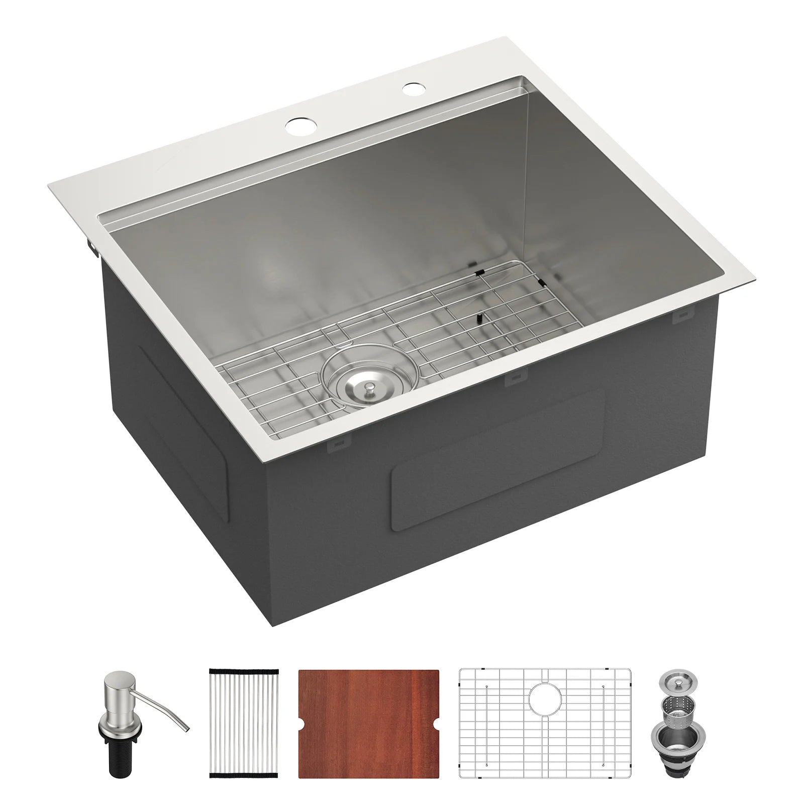 US Warehouse Stainless Steel Brushed Single Bowl 25*22*12 Inches Drop-in CUPC Laundry Sink with Soap Dispenser &Washboard