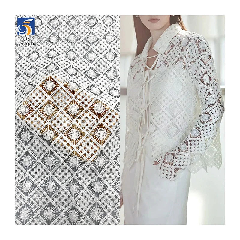 YX886 Customized Weight 150gsm Milk Silk Hollow Checkered Embroidery Water Soluble White Lace Fabric for Women's Shirt