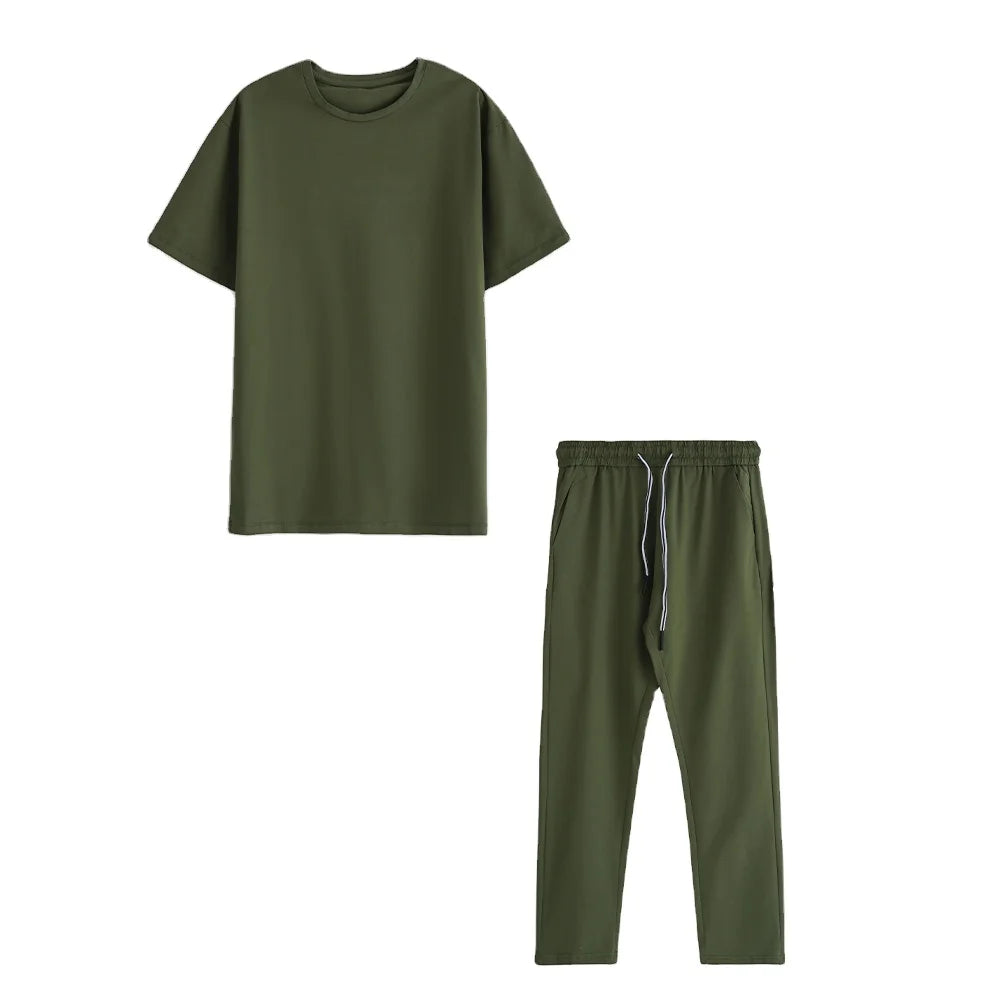 Olive Green Two Piece Set Men's Winter Outfit Full Sleeve Hooded T Shirt Drawstring Pants Casual Streetwear Matching Solid