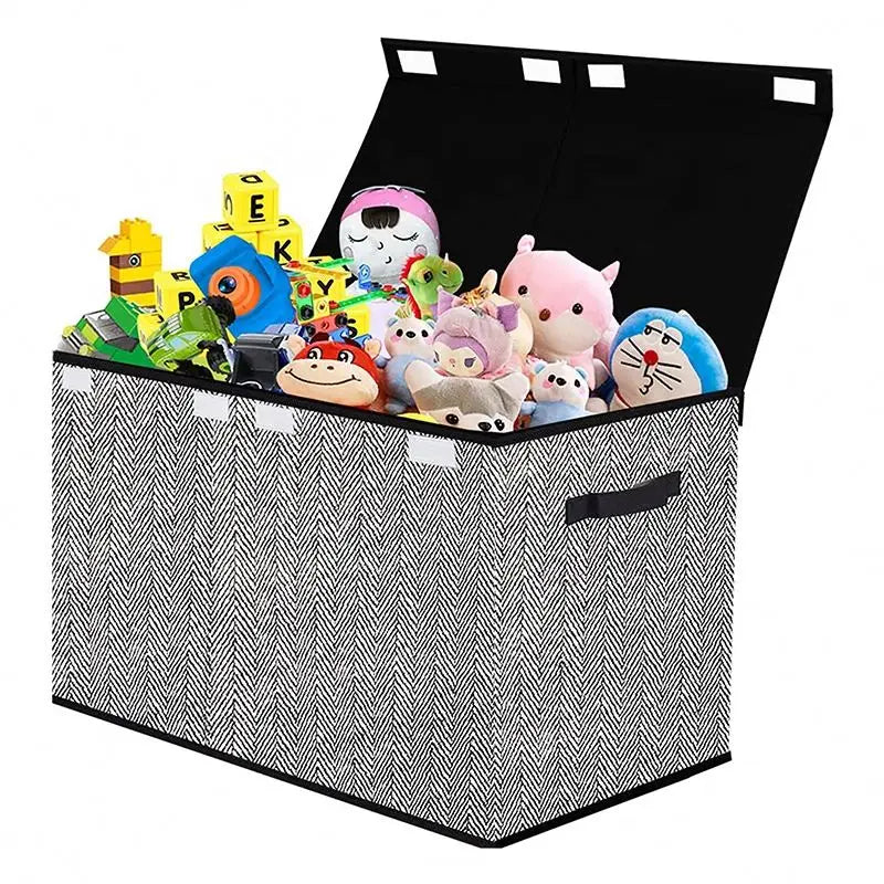 Fabric Basket Organiser Bins Black Foldable Toy Chest Box Kids Toy Storage Box with Lids MegaBDM