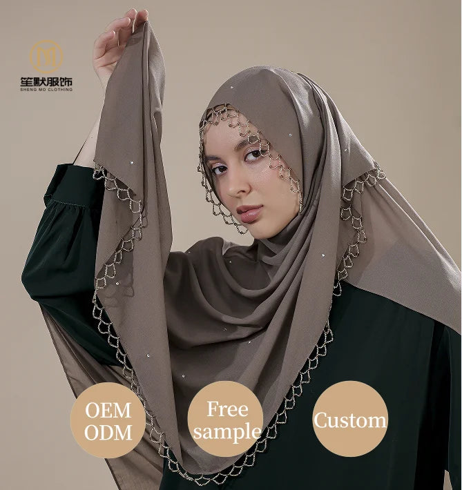 Beaded Cotton Voile Hijab with Diamond Plain Square Hijab for Women Breathable Soft Muslim Scarf Support Custom