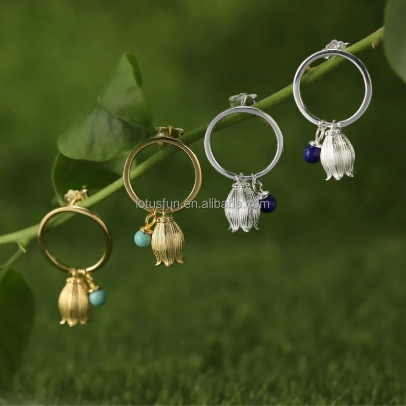 Lotus Fun 925 Sterling Silver Natural Lapis Gemstone Creative Vintage Fine Jewelry Fresh Redbud Bell Flower Earrings for Women