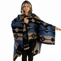 Exve Exclusive Blue Beige Black Ethnic Patterned Wool Warm Hooded Unisex Poncho Winter Shawl Turkey Camping Men Women Model