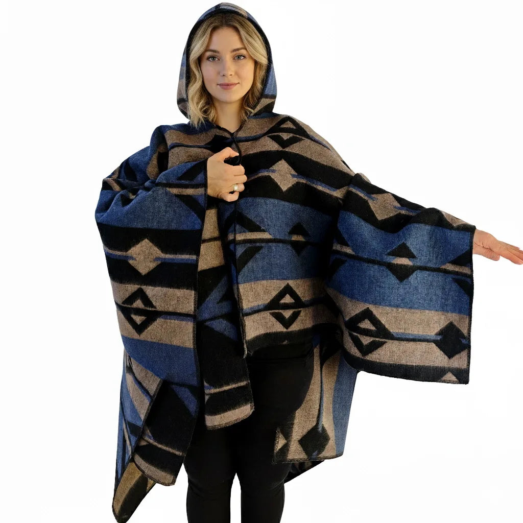 Exve Exclusive Blue Beige Black Ethnic Patterned Wool Warm Hooded Unisex Poncho Winter Shawl Turkey Camping Men Women Model