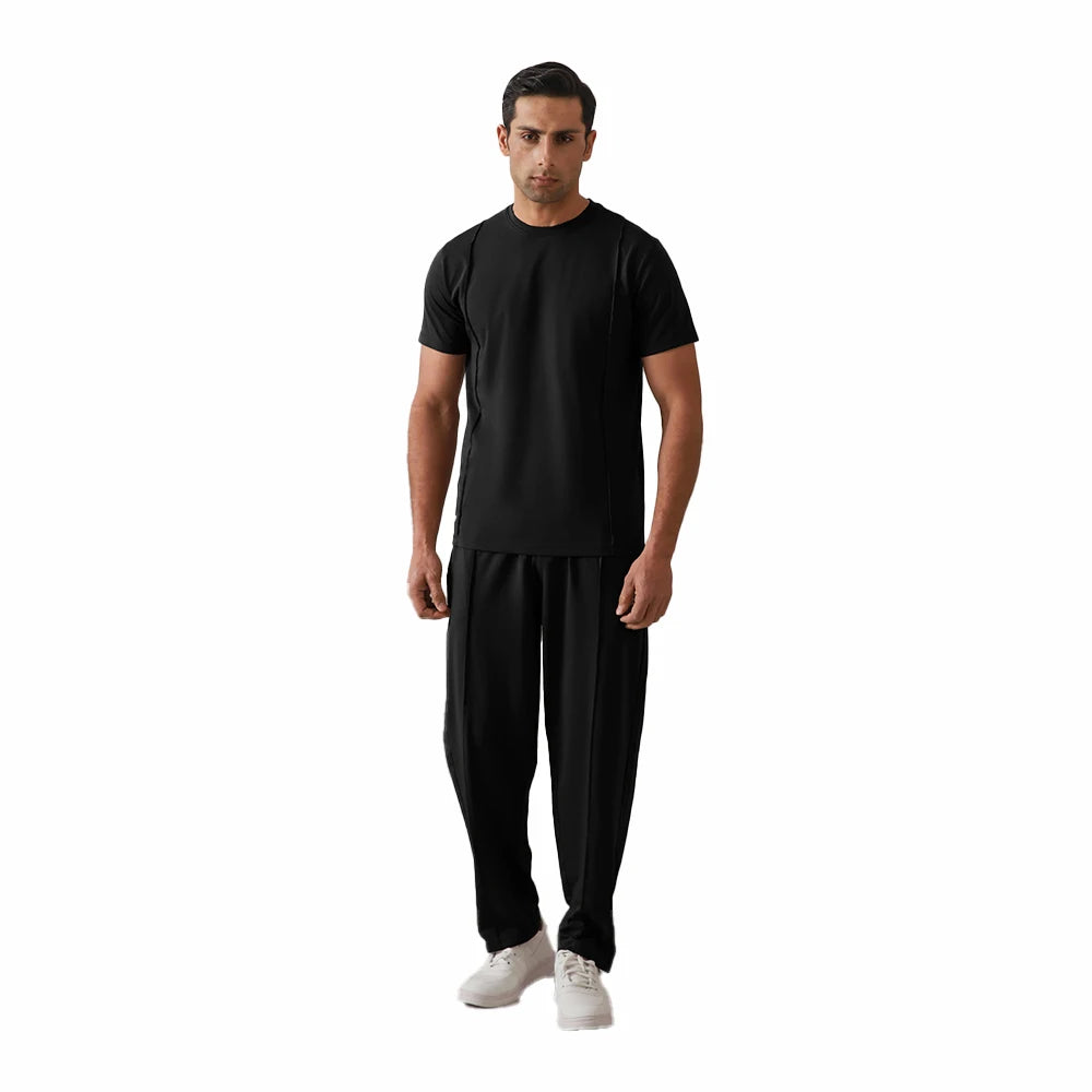 Trendy Black Men's Co Ord Outfit Solid Color Short Sleeve T Shirt with Full Length Pants Minimalist Streetwear Clothing Set