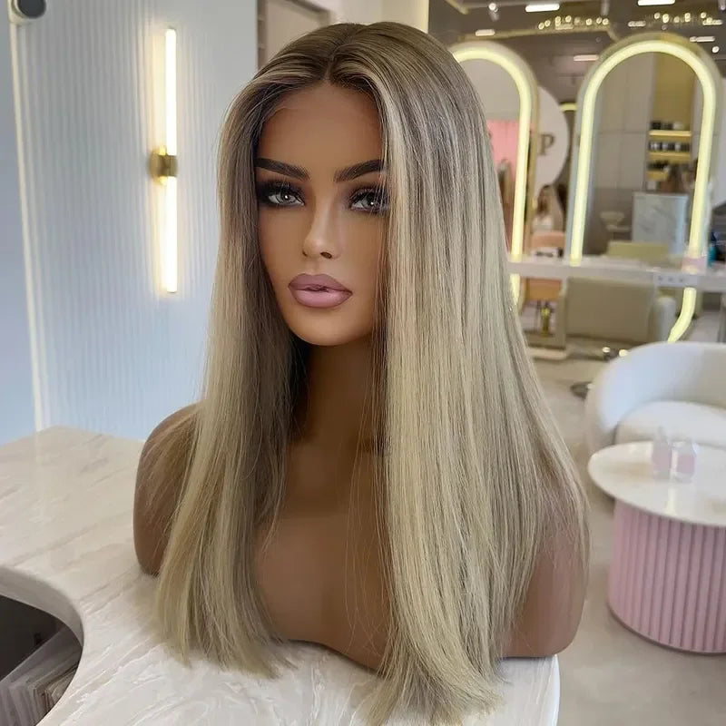 100% European Virgin Natural Human Hair Ash Blonde Color 13x4 Lace Front Human Hair Wigs for Woman Straight/Light Wavy MegaBDM