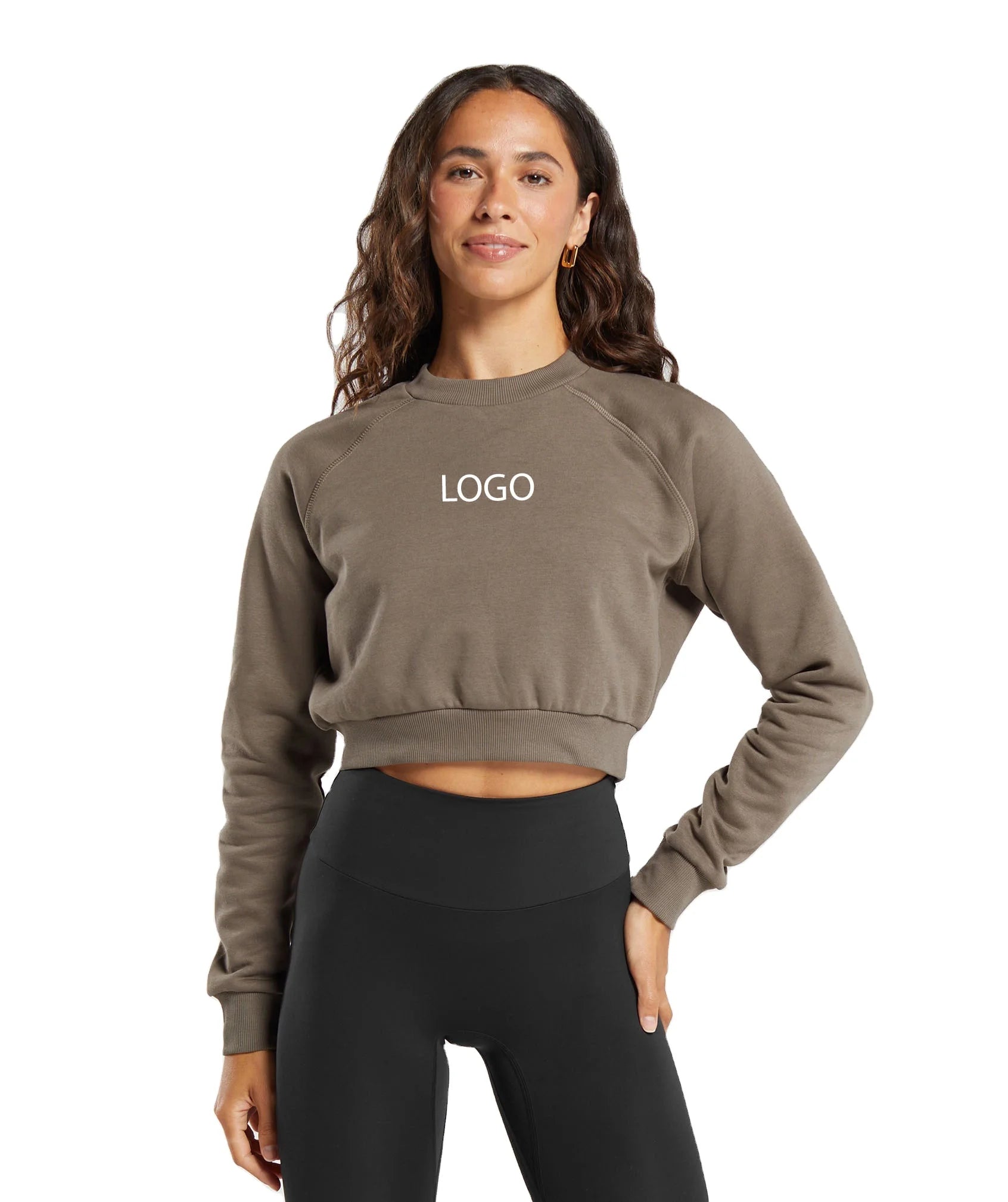 Brown Cropped Sweatshirt 100% Cotton Custom Logo Oversized Streetwear Crewneck Top Heavyweight Casual Plain Women's Pullover