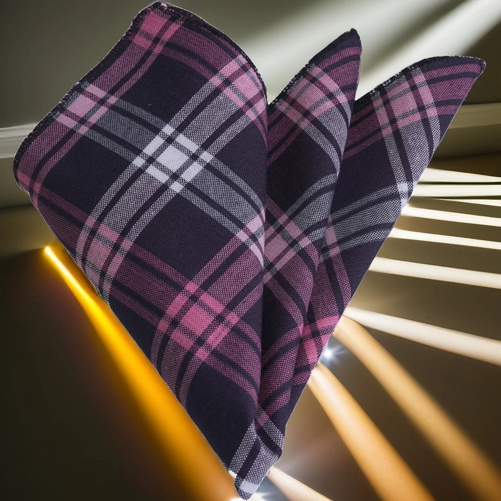 Exve Exclusive Pink Navy Blue White Gradient Plaid Square Cotton Pocket Square Turkey