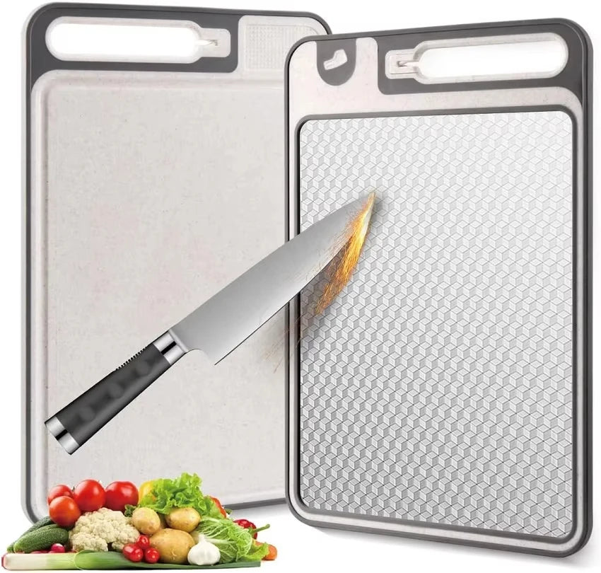 Food Grade Stainless Steel 304 Double-Sided Cutting Board Stainless Steel and Wheat Straw Chopping Board for Kitchen