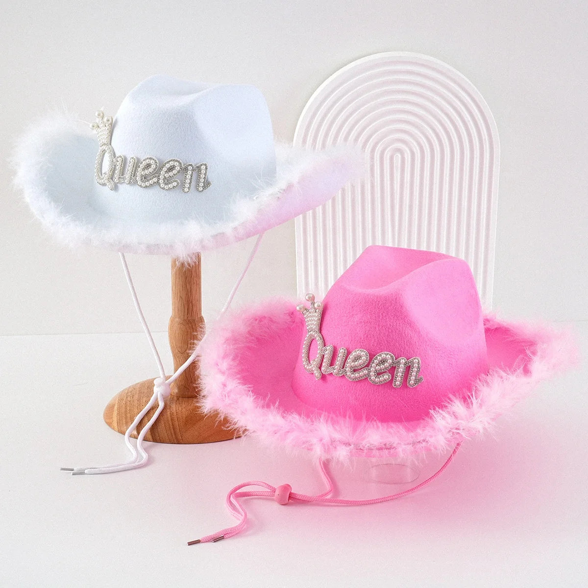 Women's Queen Crown Cowboy Hat with White Pink Feather Birthday Hen & Bachelorette Party Wear for Travel & Fishing