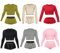 OEM Solid Pattern 2-Piece Set for Women Ribbed Crop Top with Long Sleeves and Shorts for Summer Clothing