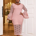 AM040802 Autumn Bell Sleeves V Neck Slim Hollow Out Lace Women Career Dress