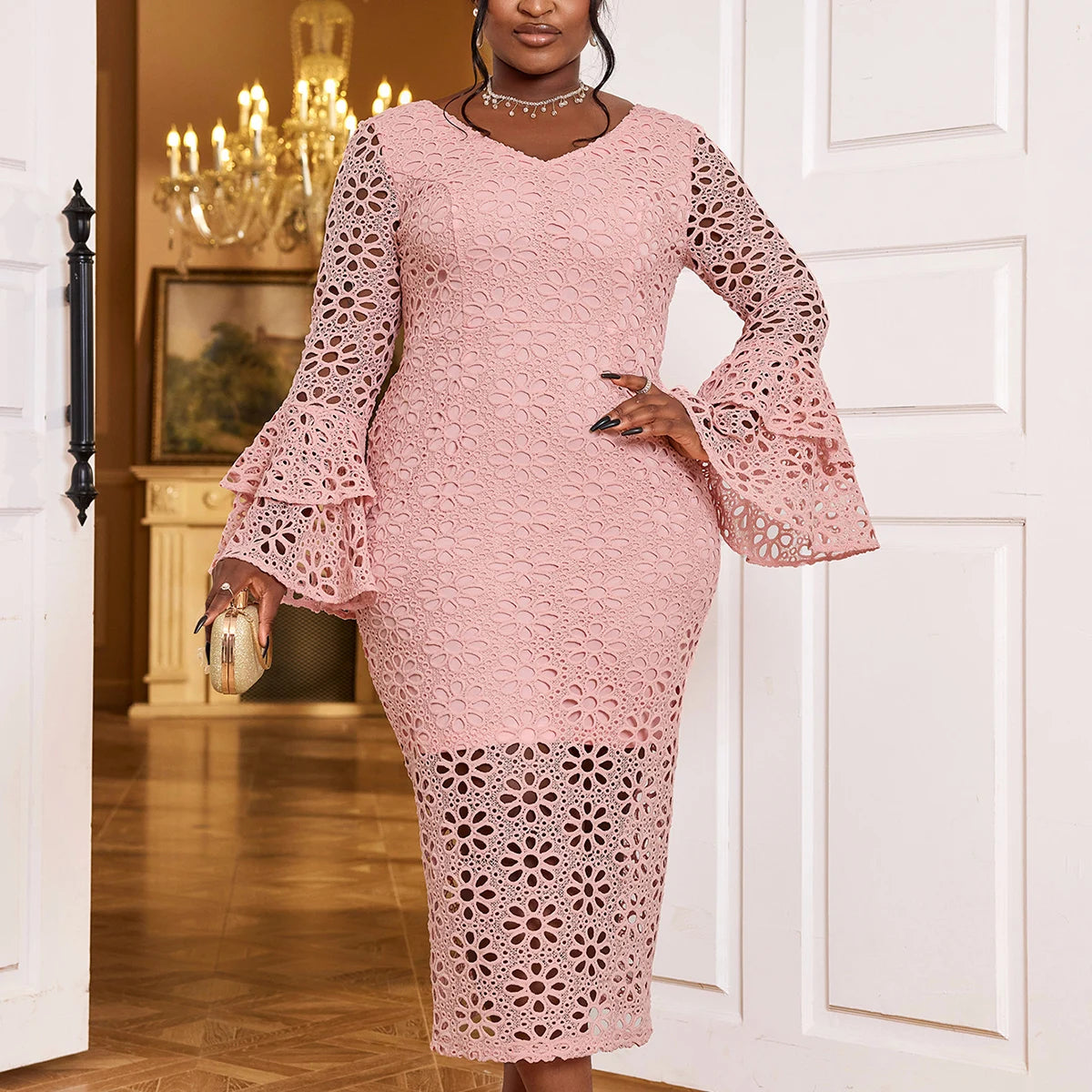 AM040802 Autumn Bell Sleeves V Neck Slim Hollow Out Lace Women Career Dress