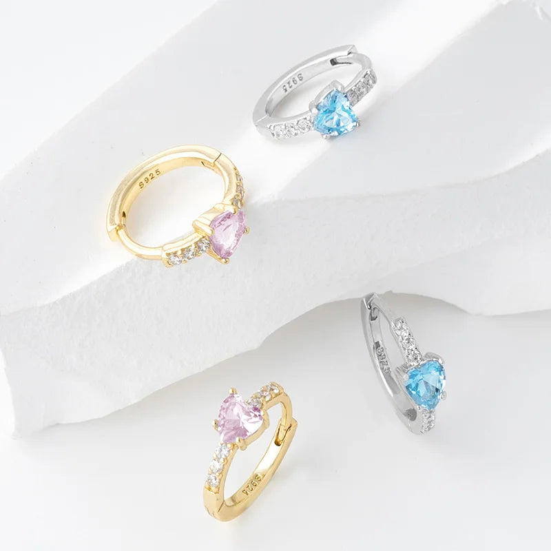 OAHLAN S925 Sterling Silver Hoop Earrings Geometric Heart Shaped Blue Zircon Fine Jewelry for Women's Parties Wedding Gifts