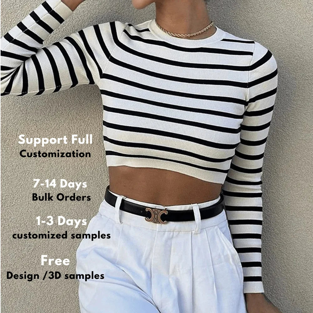 OEM ODM Spring Crop Top Femme O Neck Women's Knitting Set Contrast Color Striped Long Sleeve Sweater Female