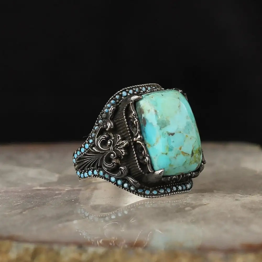Custom Logo Azuris VALKH1499 925 Sterling Silver Ottoman Style Men's Ring with Natural Black Stone Turkey