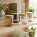 Luxury Empty Candlestick Holder with Wooden Lids Eco-Friendly Smoky Grey Amber Clear Glass for Christmas Home Decoration