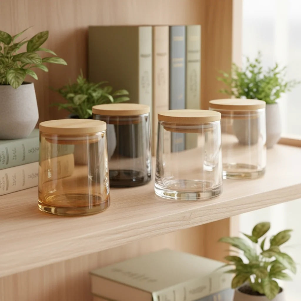 Luxury Empty Candlestick Holder with Wooden Lids Eco-Friendly Smoky Grey Amber Clear Glass for Christmas Home Decoration