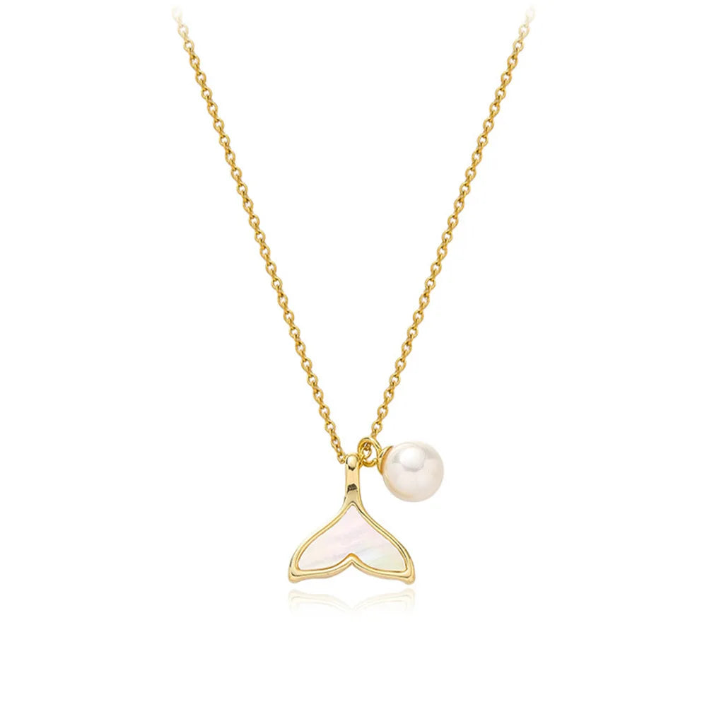 Light Luxury Stainless Steel Ins Niche Design Fishtail Pearl Pendant Necklace Clavicle Chain of Women