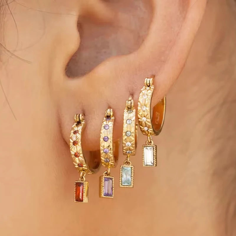 Vintage 925 Sterling Silver Colorful Zircon Square Charm Drop Earrings Diamond Hoop Earrings Women 18K Gold Plated