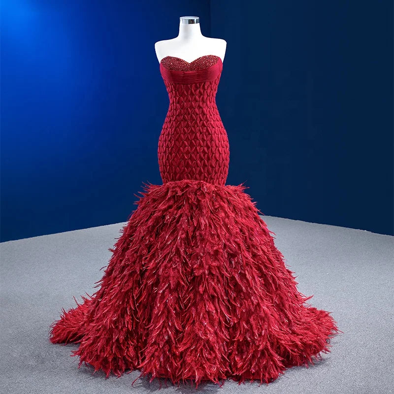 Jancember 222198 Slim Red Feather Sleeveless Mermaid Evening Party Dresses