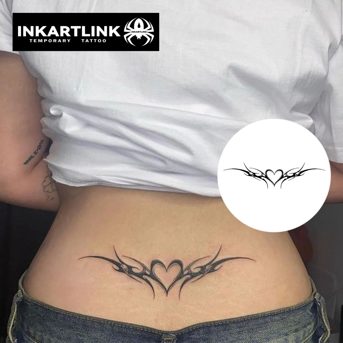 INKARTLINK Tribal Heart Tattoo Sticker Y2K Aesthetic Lower Back Totem Herbal 15 Days Semi-permanent Body Art Waist Wholesale