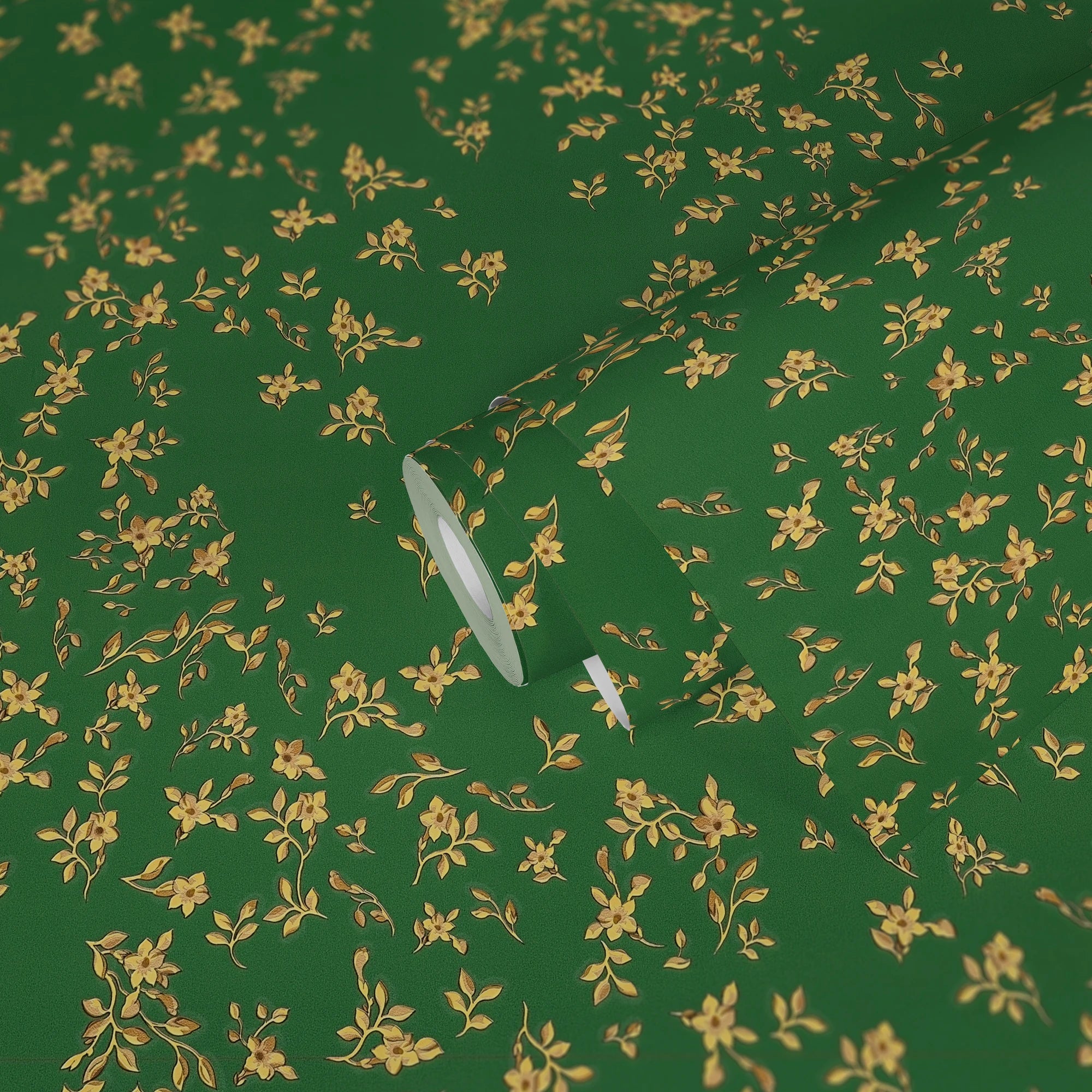 Modern Floral Green Gold Yellow Non Woven Vinyl Wallpaper Rolls-Made in Germany 0.70x10.05m-Bedroom & Kitchen Design