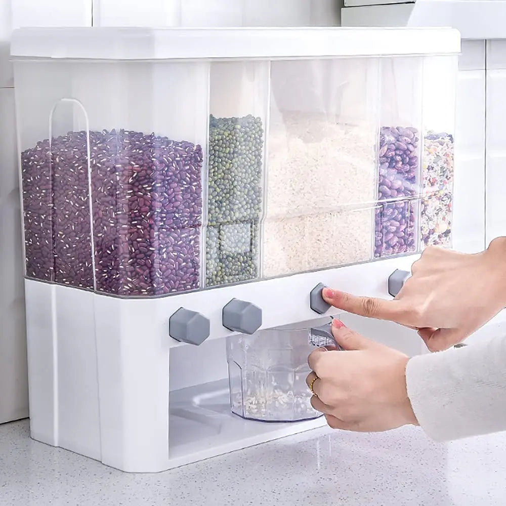 Home Kitchen Automatic  Wall Mounted 5 Grid Dry Food Grain Storage Container Rice Dispenser