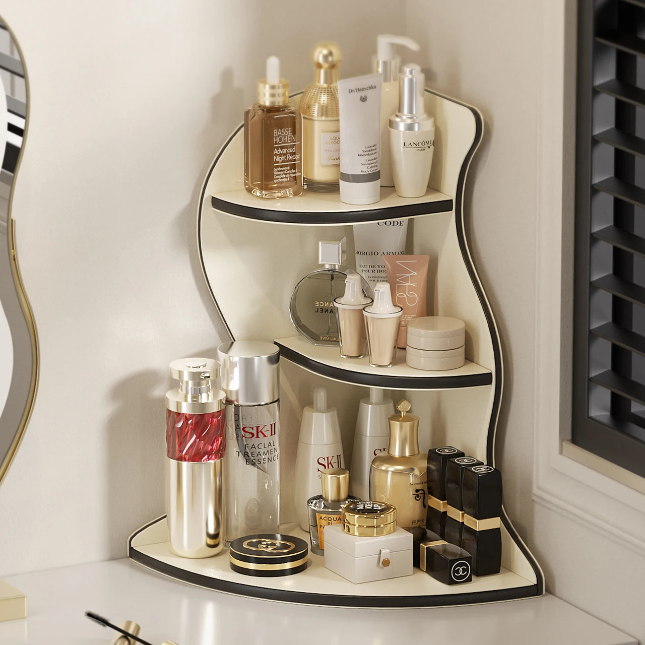 PU Leather Luxury Storage Box for Skincare Perfume Makeup Rotating Desktop Cosmetic Organizer Corner Storage Shelf Vanity Table