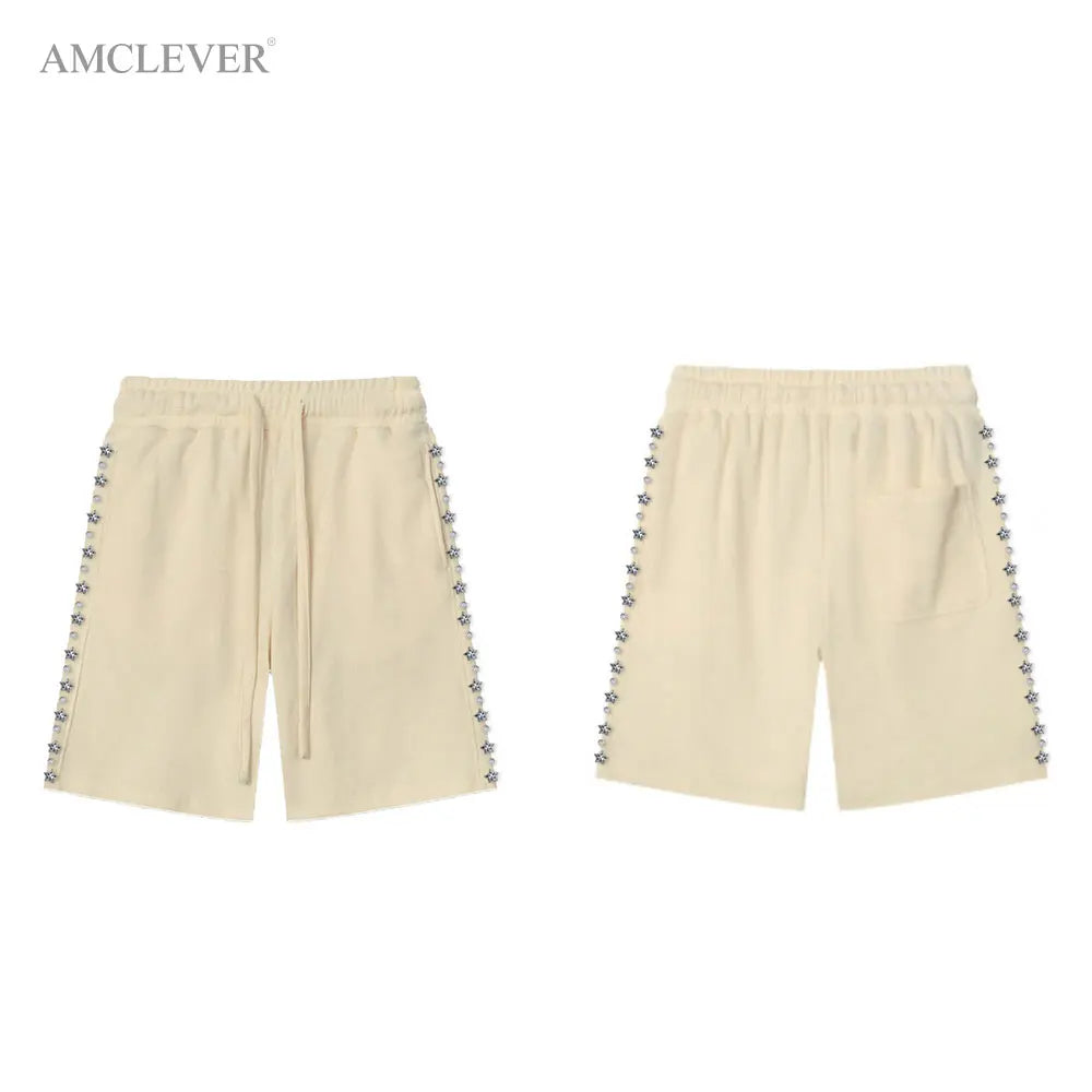 Trendy Streetwear Shorts Summer Diamond Waffle Knit Elastic Waist Premium Custom Rhinestone LOGO Breathable Lightweight Bottoms