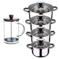 8pc stainless steel cookware set suitable for induction San Ignacio Premium Collection + Borosilicate glass French press