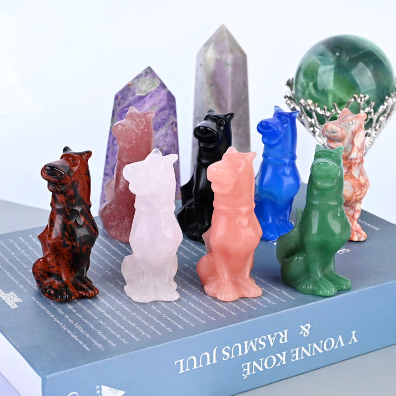 Wholesale Natural Crystal Animals Sculpture Colorful Crystal Wolf Dog Carving for Desk Decoration