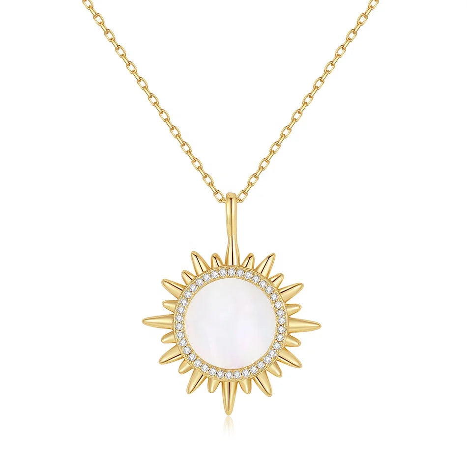 Nagosa Cubic Zirconia 18k Gold Vermeil Jewelry 925 Sterling Silver Sunburst Mother of Pearl Round Pendant Necklace for Daily