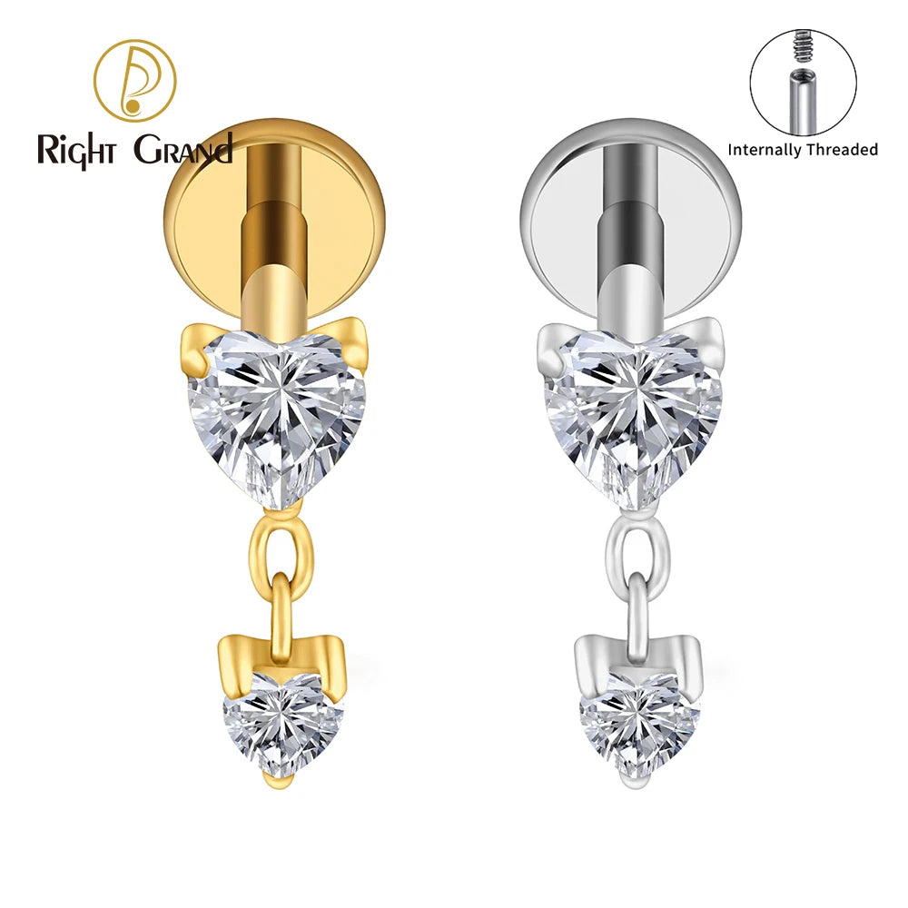 ASTM F136 Titanium 16G Internal Thread Heart CZ Chain Dangle Labret Stud Helix Conch Cartilage Tragus Flat Back Piercing
