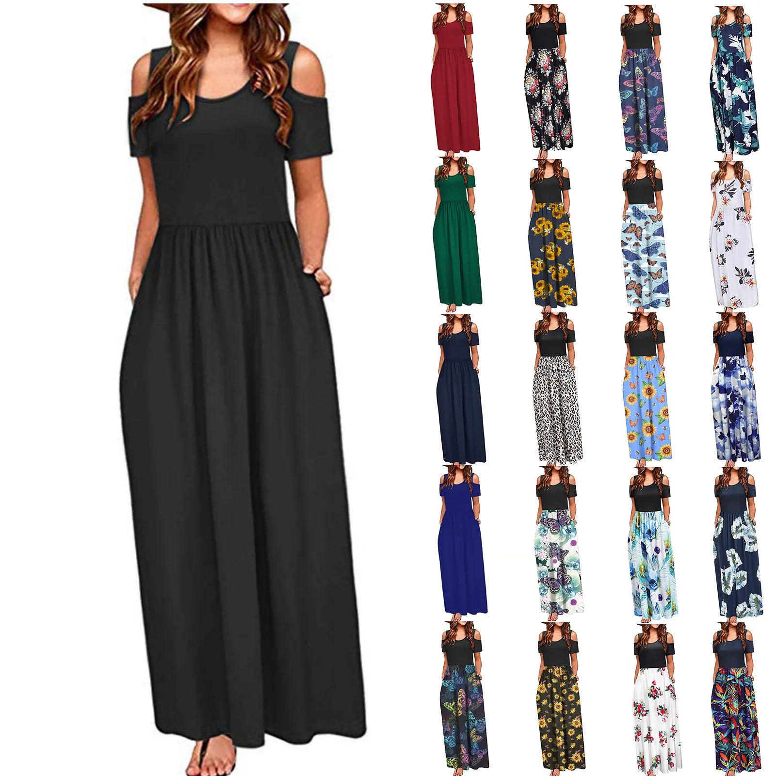 2026 Women's European Style Spring Summer Color Block Flower Print Off Shoulder Short Sleeve Maxi Dress Custom OEM/ODM