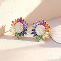 QIKU Beautiful Flower Shape Rainbow Rhinestone Stud Earrings Copper Zirconia Jewelry Accessories Women Engagement Wedding Gift