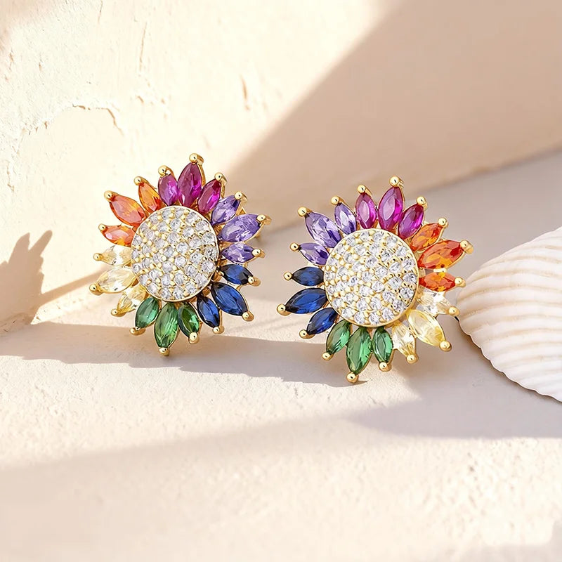 QIKU Beautiful Flower Shape Rainbow Rhinestone Stud Earrings Copper Zirconia Jewelry Accessories Women Engagement Wedding Gift