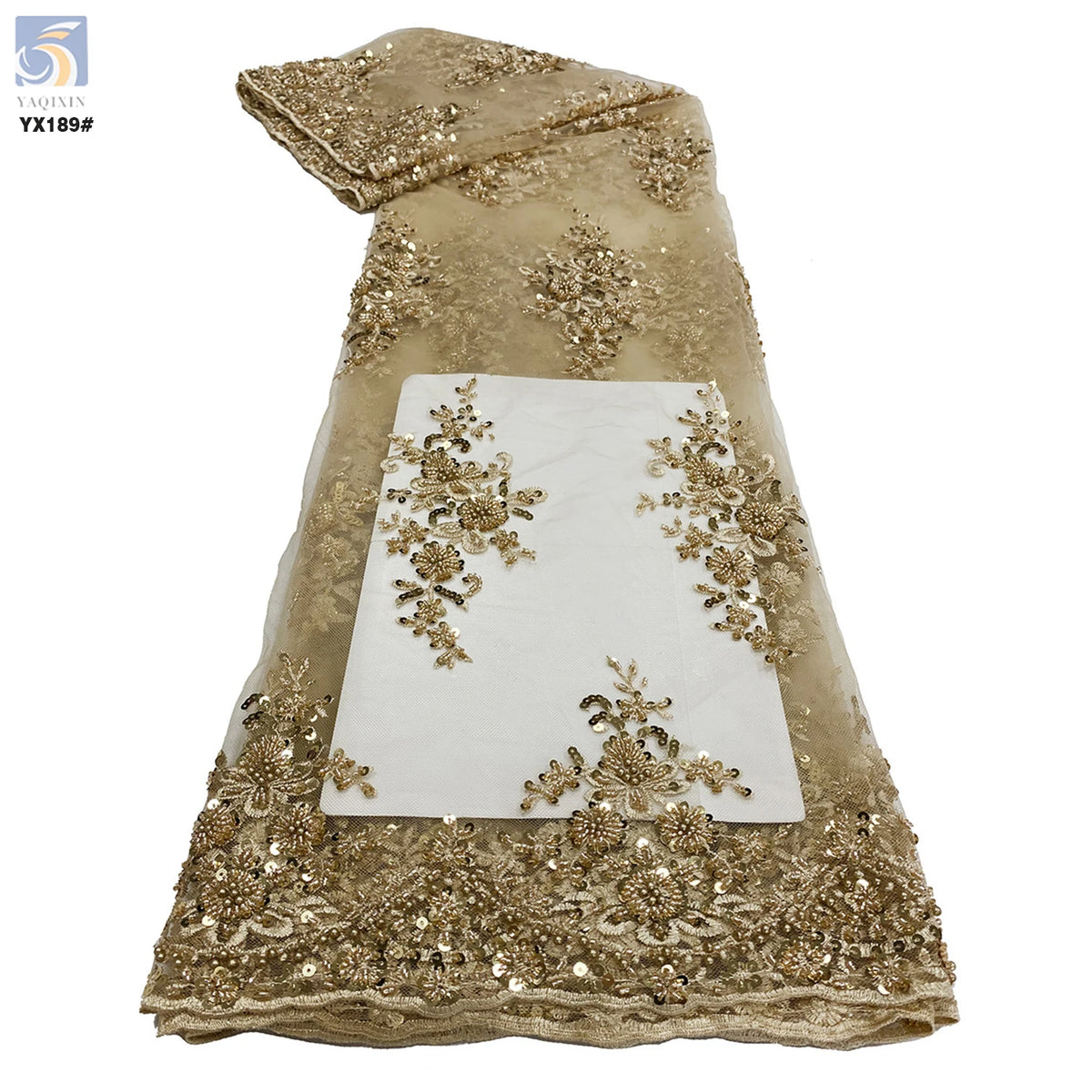 YX189 Gold Embroidery Tulle Beaded Lace With Sequins French Bridal Lace Fabric Beads Sequins Rose Gold Beaded Lace Fabric MegaBDM