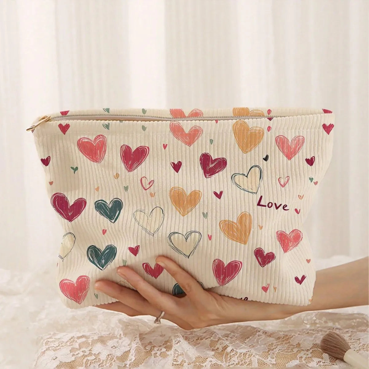 SW New Design Ship Shape Custom Heart Pattern Colorful Makeup Corduroy Leisure Cosmetic Pouch Portable Cosmetic Bag for Travel