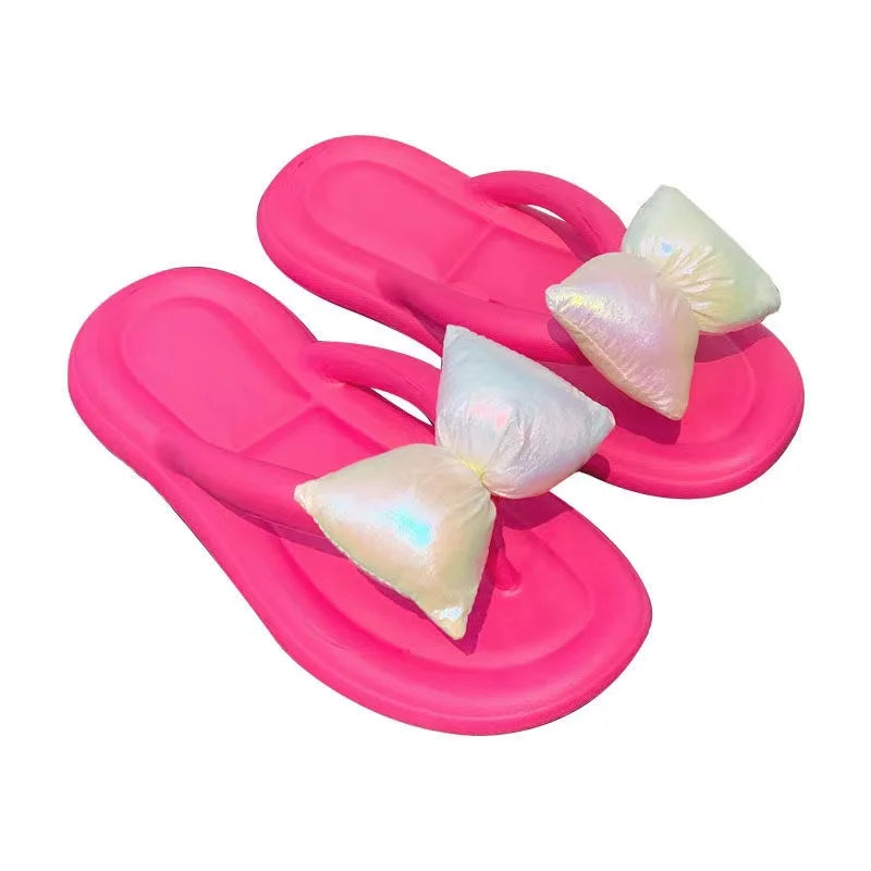 Spring Summer Autumn Candy Color Princess Style Open Toe Steel Toe Bathroom Beach Bow Eva Anti-slip Flip-flop for Ladies