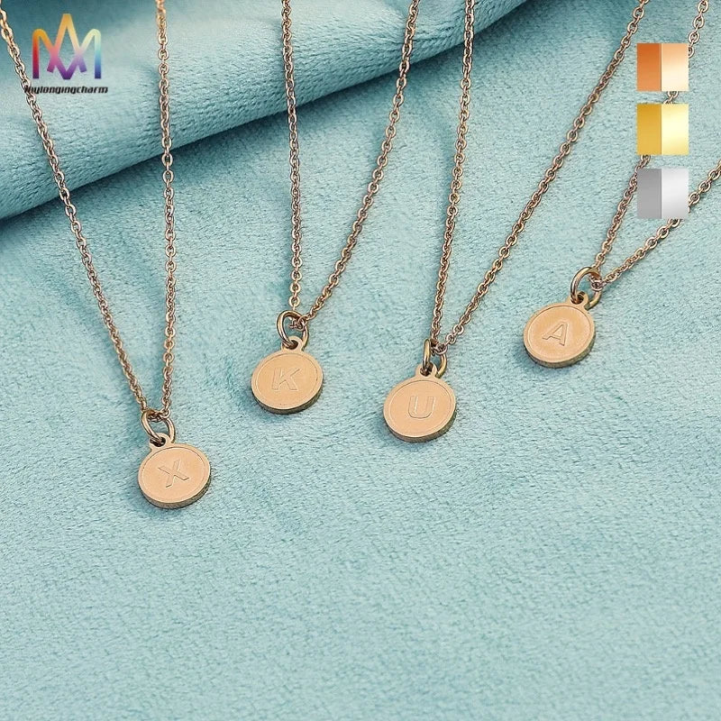 Laser Engraved Stainless Steel  Round Pendant Necklace Arabic Initial Letter Chain Necklace