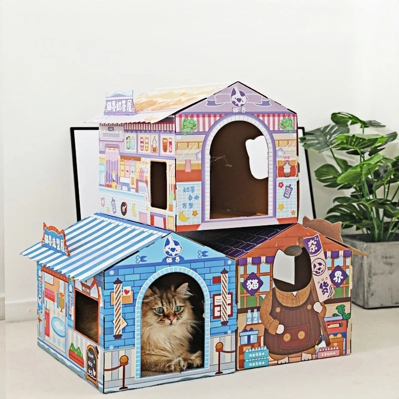 New Eco-freindly Easy to Assemble Cardboard Cat House with Scratcher Cat Indoor Bed MegaBDM