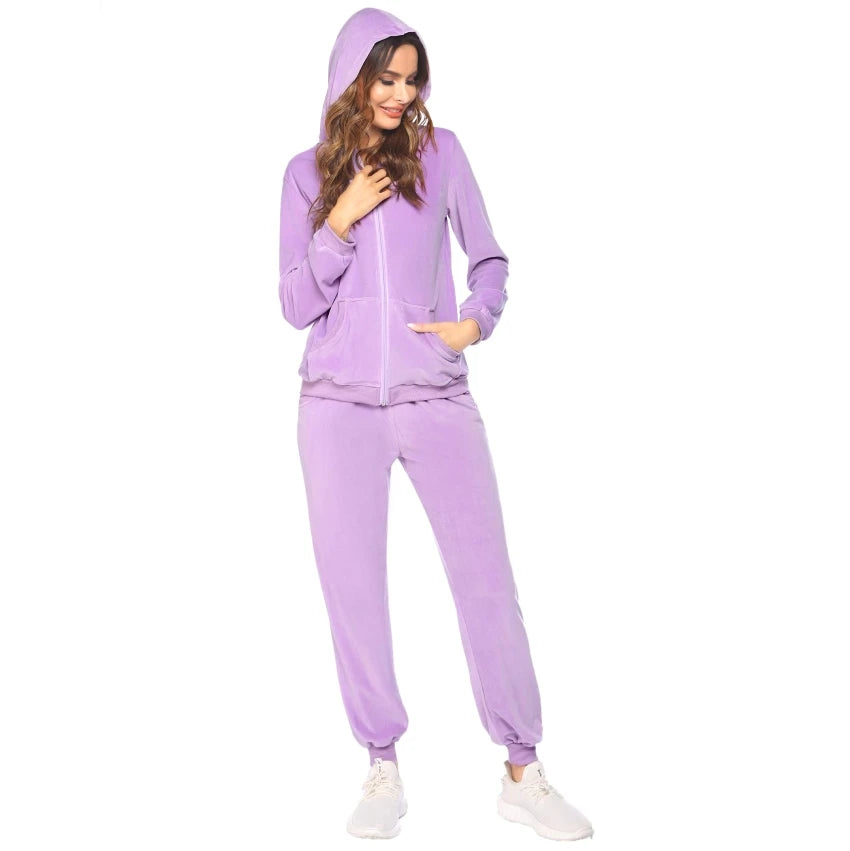 New Fashion Two Piece Terry Autumn Hooded Lined Sweatsuit Set Women Solid Sports Wear Long Sleeve Training Tracksuit