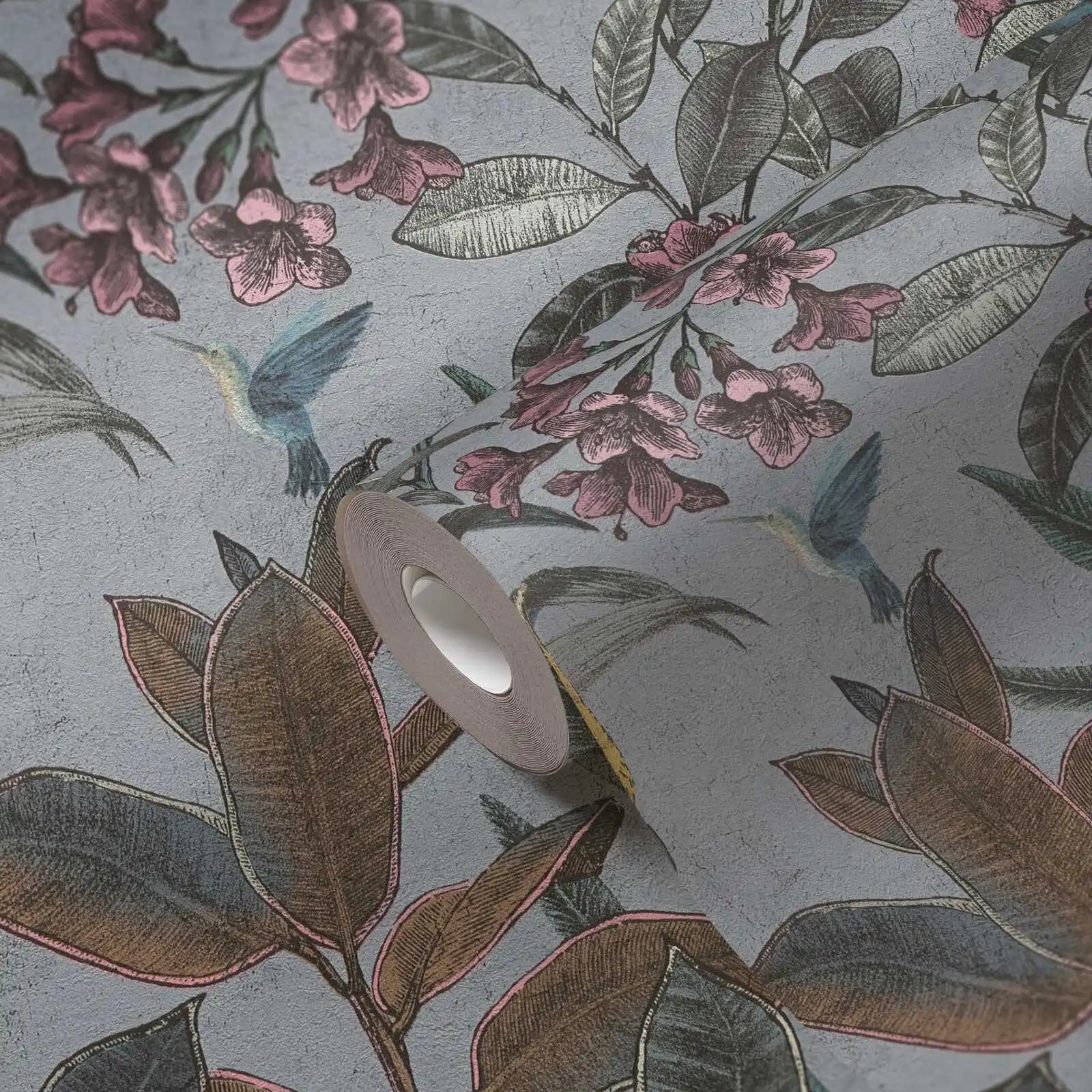 Made in Germany Floral Jungle Grey Blue Green Pink Non Woven Vinyl Wallpaper Rolls for Living Room & Hotel Use 1005x053m