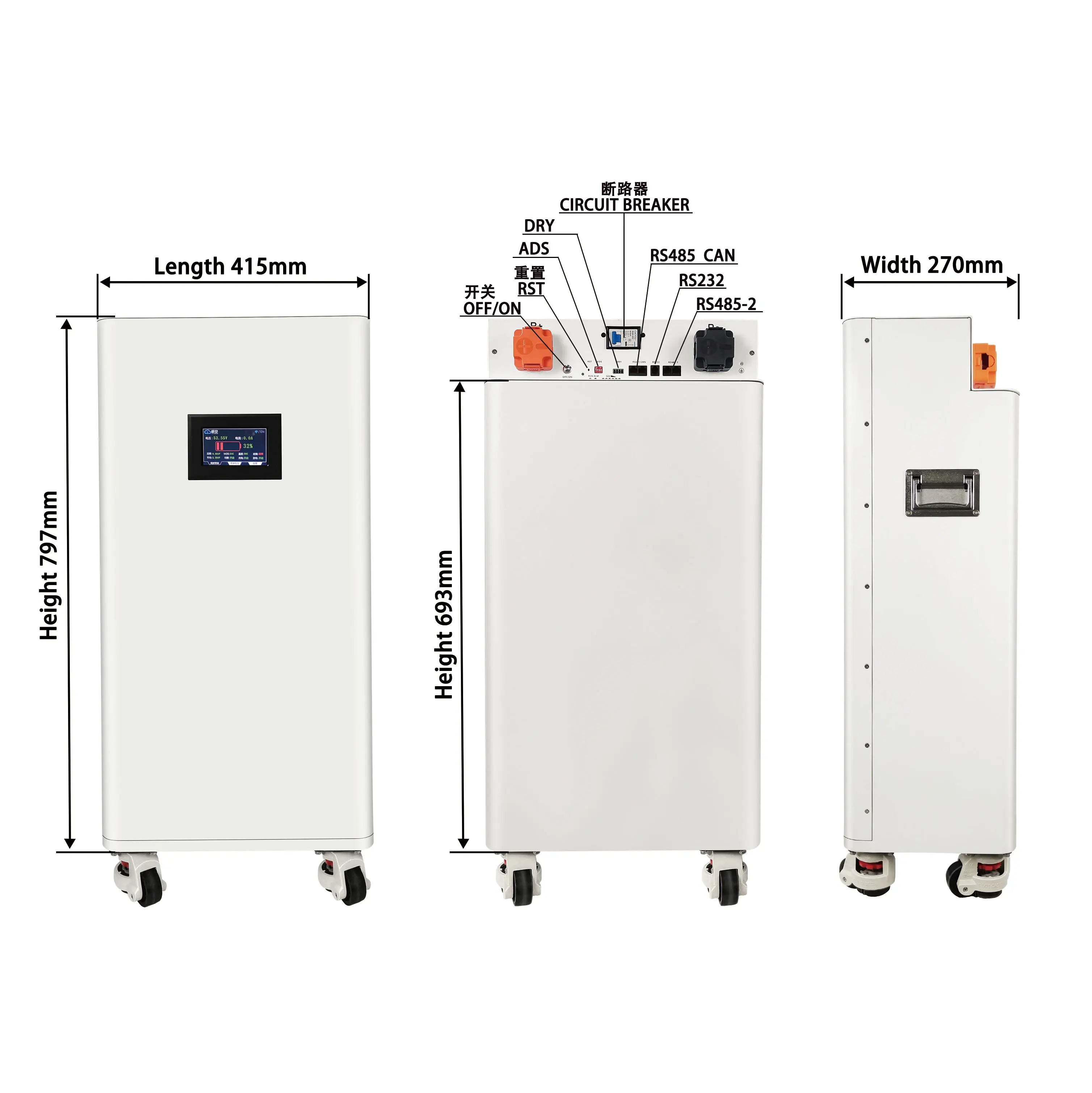 48V 16S LiFePO4 DIY Battery Kit with Stainless Steel Case IP54 Waterproof 15-16kWh Capacity 200A BMS WiFi Home Energy Storage