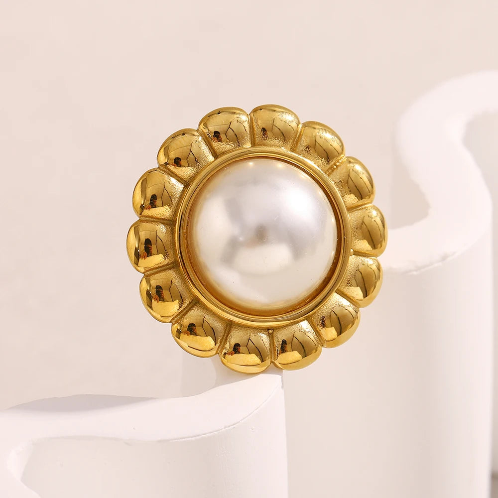 Dreamshow Imitation Pearl Jewelry Flower Signet Ring Gold Plated Vintage Jewelry Stainless Steel Ring