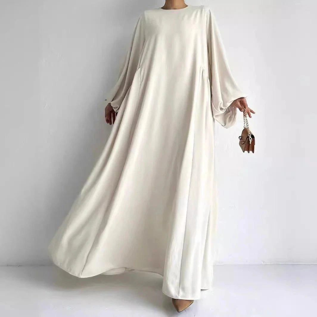 Round Neckline Simple Puff Balloon Sleeve Abaya Ramadan Solid Bishop Sleeve Kebaya Kaftan Elegant Crew Neck Maxi Length Dress